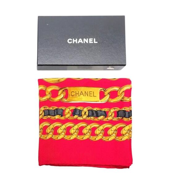 CHANEL Coco Mark Logo Red Chain Pattern Silk Scarf/Stole W/Box - Picture 2 of 16